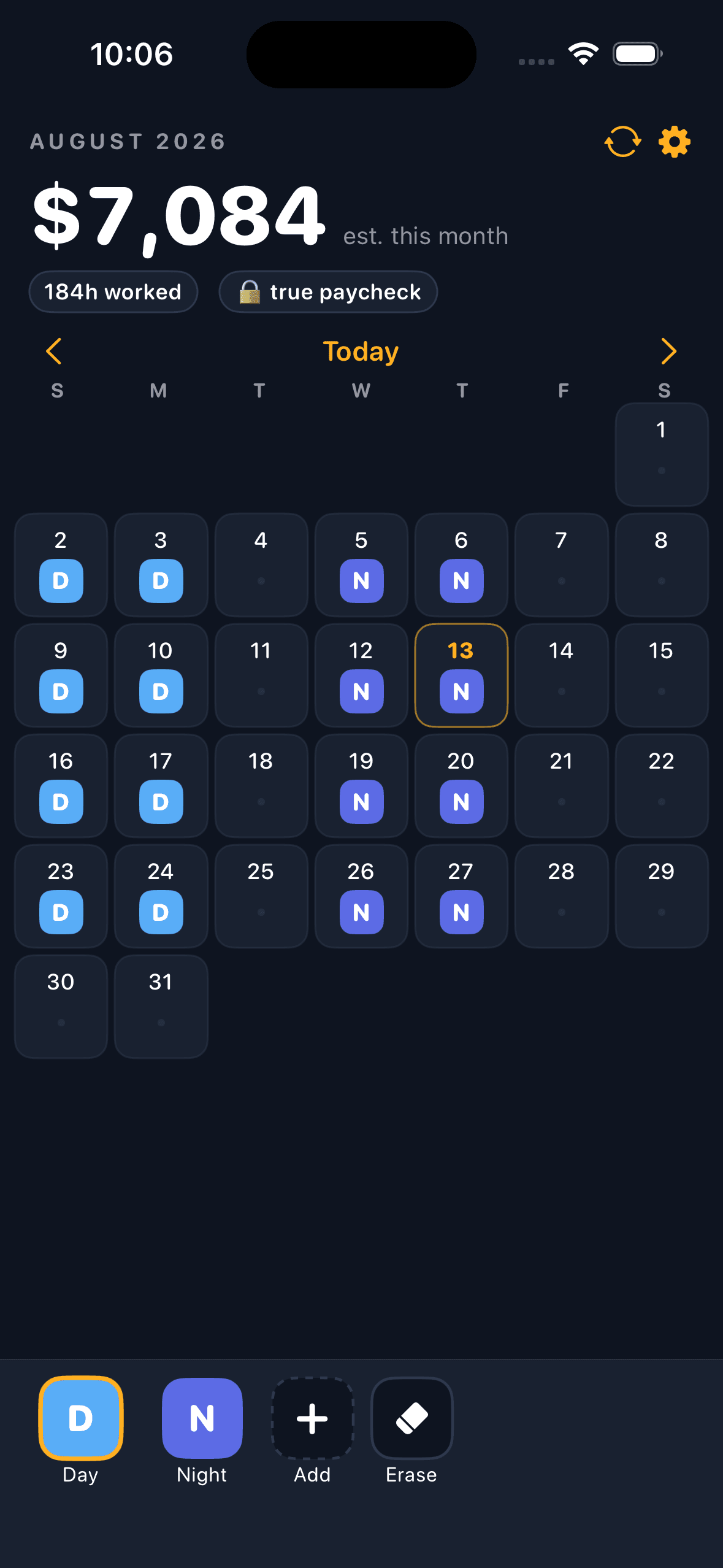 ShiftCheck calendar showing painted shifts and $7,084 projected month earnings