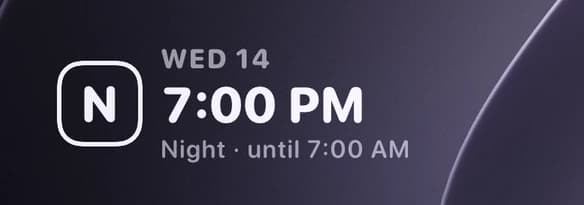 Shift Calendar Lock Screen widget: N, Wed 14, 7:00 PM, night until 7:00 AM