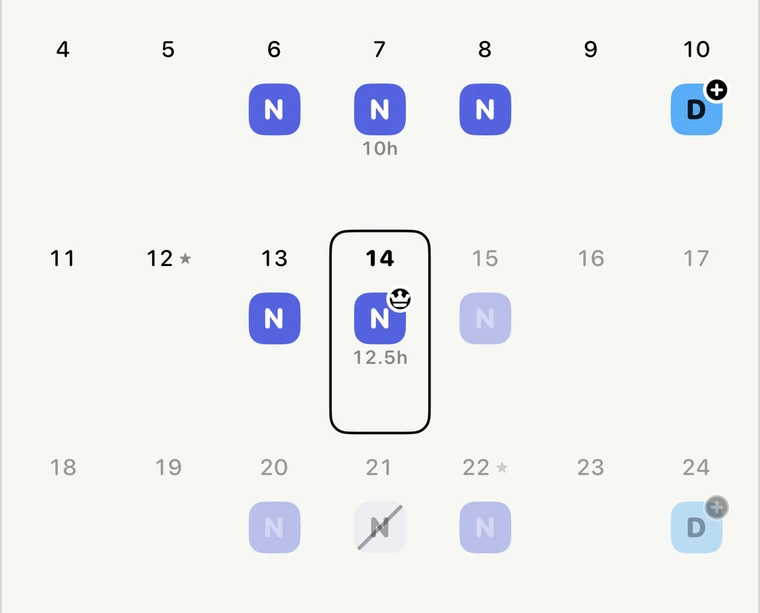 Shift Calendar month cells: night tiles, a picked-up day shift marked +, today's night with 12.5 actual hours, and a cancelled night struck through